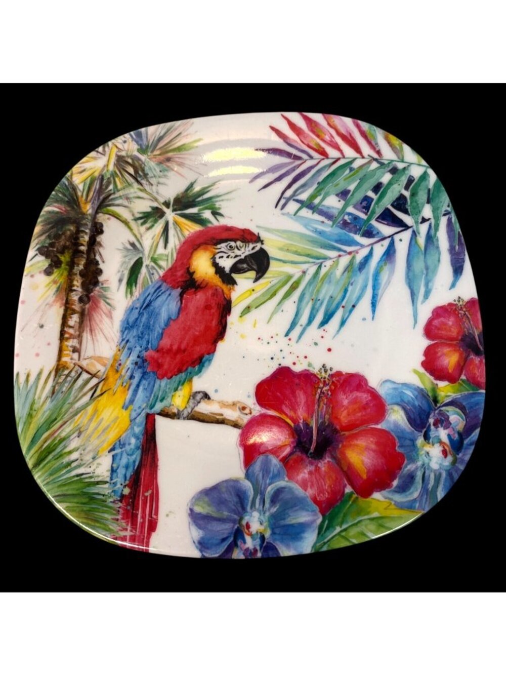 Tropical Parrot & Floral Melamine Square Plates Set Of 4 By Patricia Pinto 9" Di